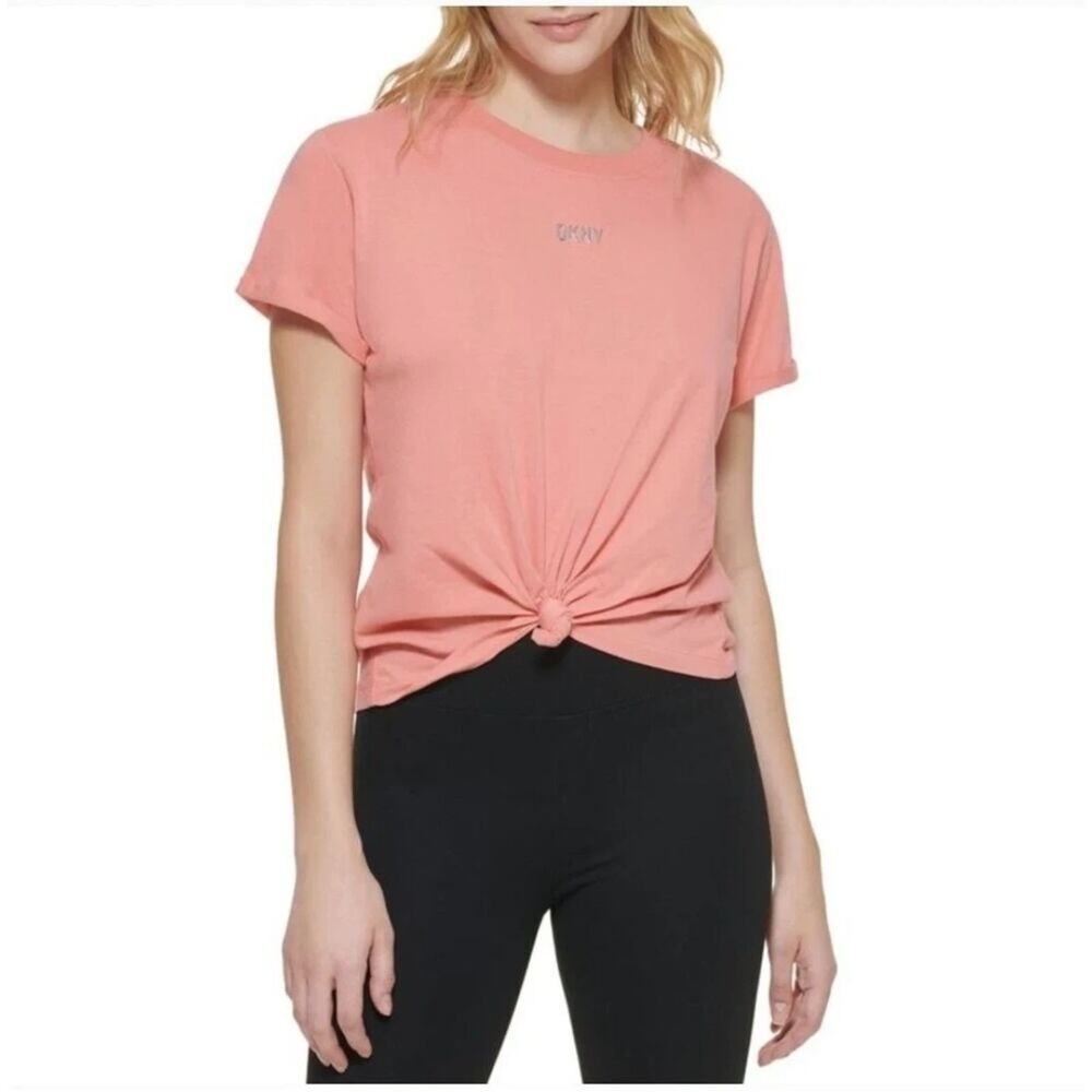 Dkny Sport Women's Knot-Front Metallic Logo T-Shirt Peach‎ Size Med NWT